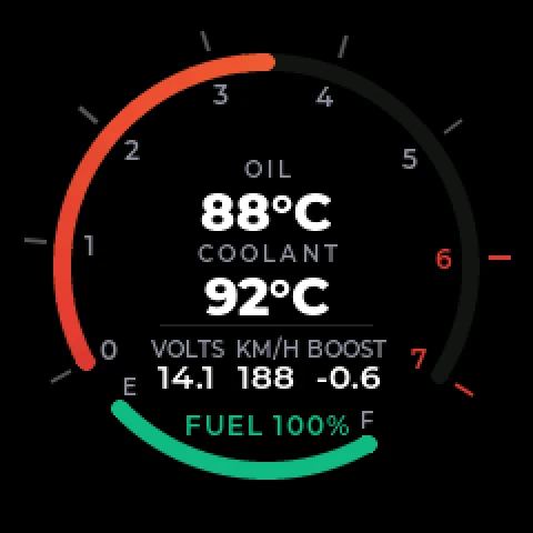 The gauge home screen showing oil and coolant temperature, volts, speed, boost and fuel level