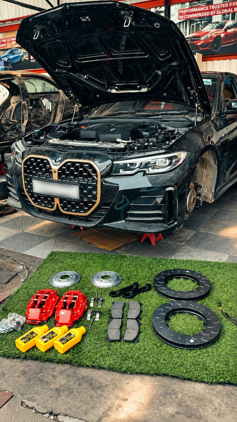 A car with its bonnet open beside a brake kit, callipers and discs laid out on the ground