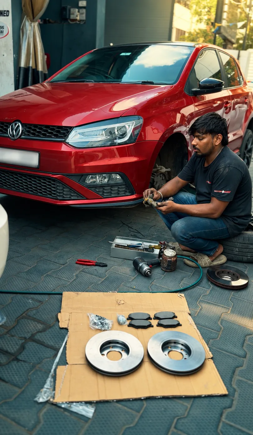 A technician working at the front wheel of a car, brake discs and pads laid out on the ground beside him