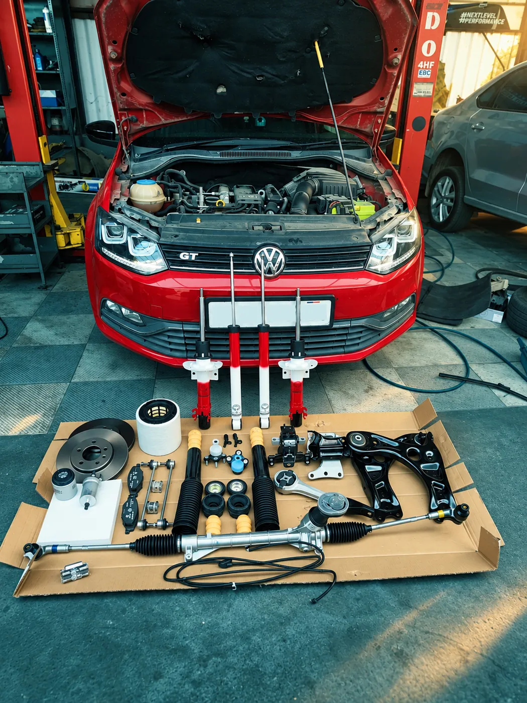 A car with its bonnet open, a suspension kit and control arms laid out in front of it